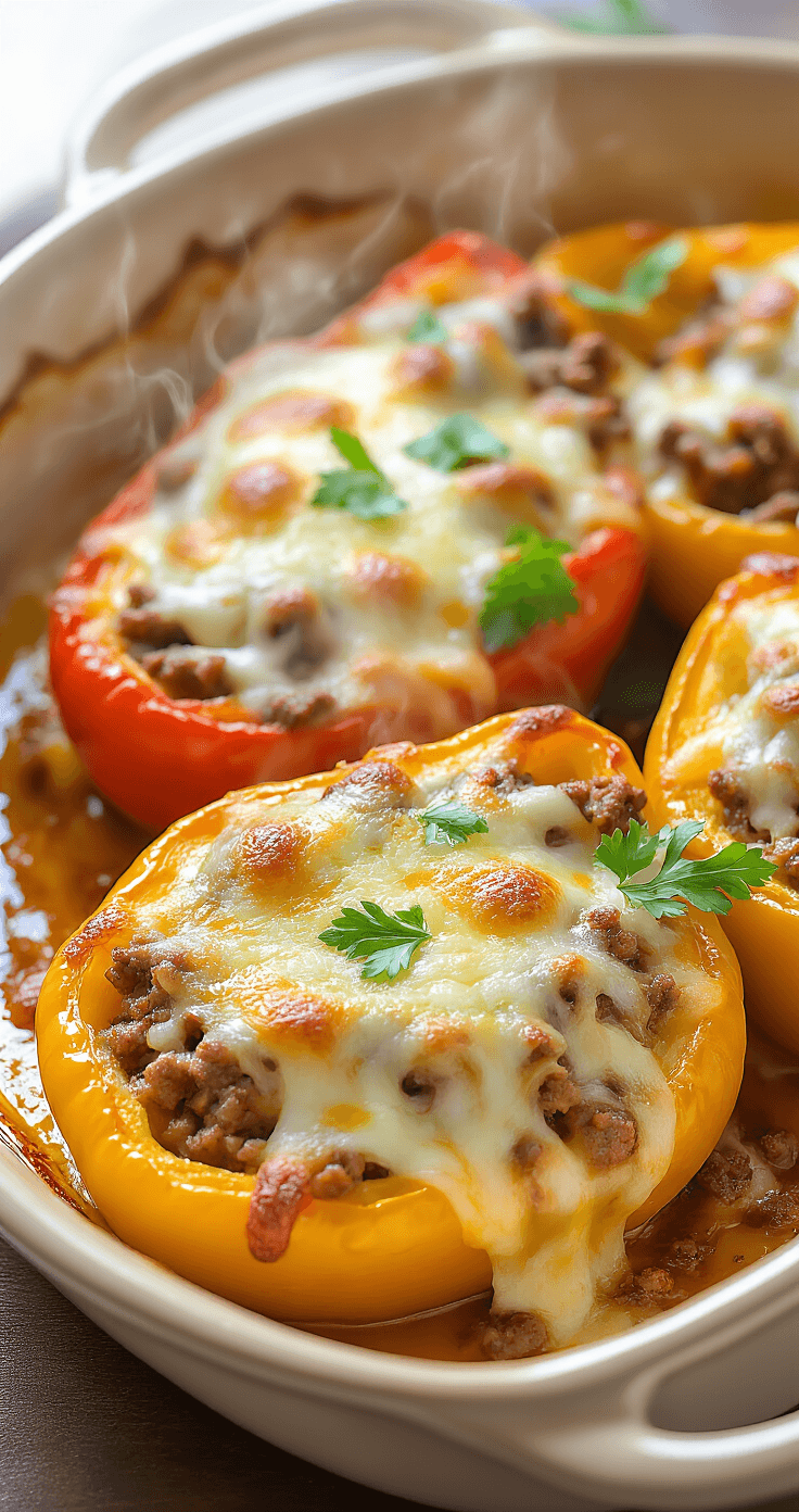 Gevulde Paprika Zonder Rijst – Het Ultieme Laagkoolhydraat Recept Close-up van goudbruine gepofte paprikahelften uit de oven, met bruisende kaas en glanzend vlees, omringd door stoom en een warme achtergrond.