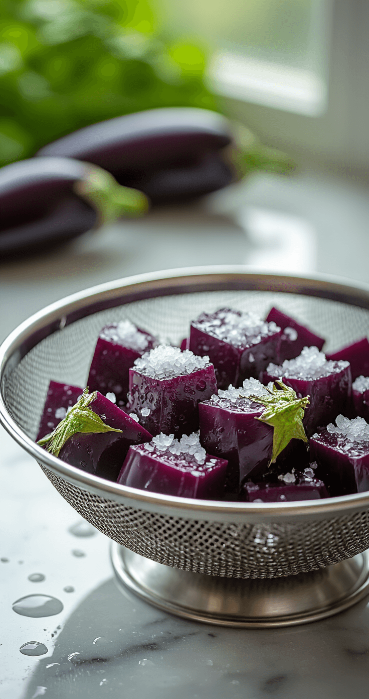Aubergine Ovenschotel met Gehakt – Het Ultieme Recept voor een Romige, Hartige Maaltijd Close-up macro shot of purple aubergine cubes in a metal colander, with coarse sea salt and droplets forming, illuminated by morning light in a modern Dutch kitchen.