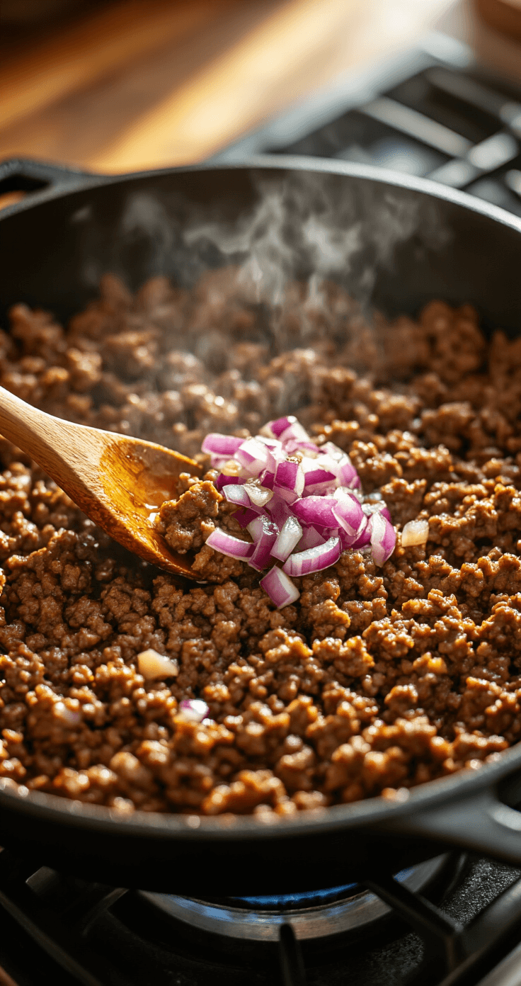 Mexicaanse Schotel met Gehakt en Kaas: Het Ultieme Comfortfood in 40 Minuten Close-up overhead shot van een grote gietijzeren pan op een gaskookplaat met goudbruin gebakken gehakt dat wordt losgemaakt met een houten lepel, glanzende, doorzichtige gesneden rode uien, aroma-stoom stijgend, warm keukensfeer met dramatische schaduwen, zichtbare textuur van het gehakt, bits knoflook die goudbruin worden, druppels olijfolie die het licht vangen, rustieke keukenset achtergrond zachtjes vervaagd, professionele foodfotografie stijl met geringe scherptediepte die de sissende actie benadrukt.