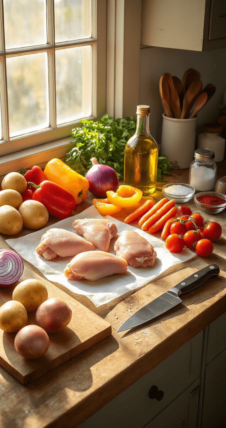 Kip uit de oven met groenten: Eenvoudig en Sappig (Klaar in 1 uur) Een rustieke keuken met een houten aanrecht, in warm middaglicht. Ruwe kipdijfilets op wit bakpapier, omringd door kleurrijke groenten: gehalveerde baby-aardappelen, gesneden rode en gele paprika's, wortelringen, ui-wedges en cherrytomaatjes. Verse teentjes knoflook, olijfolie, en glazen schaaltjes met paprika, Italiaanse kruiden en zeezout zijn mooi gerangschikt. Een scherp koksmes ligt op een versleten houten snijplank, met kruidenstelen ernaast. Het geheel straalt de belofte van een zelfbereid maaltijd uit.