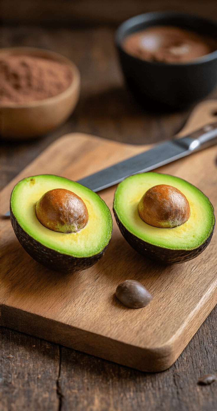 Avocado Chocolademousse: Rijke, Romige Chocolade zonder Zuivel (Klaar in 10 Minuten) Avocado's halverwege doorgesneden op een rustieke houten snijplank, met een scherp koksmes en een zichtbare pit, omringd door ingrediënten voor chocolademousse in een warme keukenverlichting.