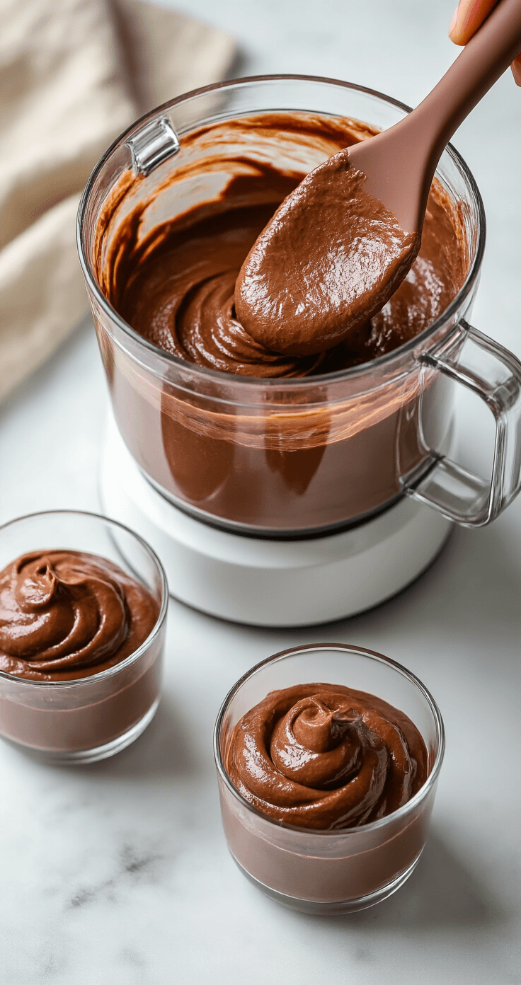 Avocado Chocolademousse: Rijke, Romige Chocolade zonder Zuivel (Klaar in 10 Minuten) Close-up van een draaiende foodprocessor met chocoladeavocadomousse, omringd door elegante dessertglaasjes en garnering van frambozen en munt, in warm, gedempt licht.