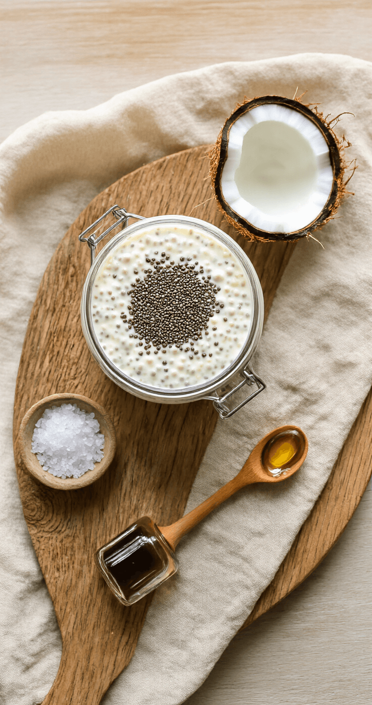 Chia Pudding met Kokosmelk – Gemakkelijk, Romig en Super Gezond Cinematisch bovenaanzicht van een rustiek houten werkblad met volle kokosmelk, chiazaadjes, vanille-extract, agavesiroop en zeezout in zacht ochtendlicht.