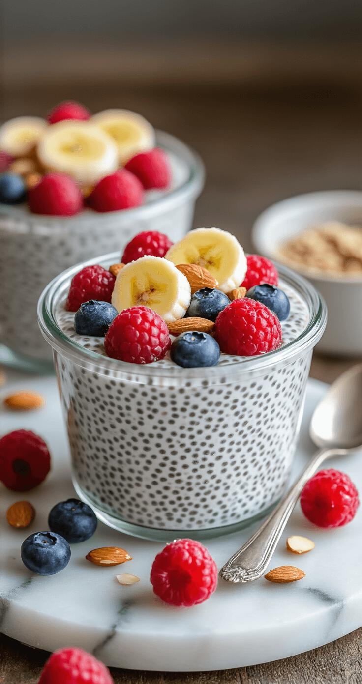 Chia Pudding met Kokosmelk – Gemakkelijk, Romig en Super Gezond Twee helder glazen weckpotten met romige chiapudding, getopt met frambozen, blauwe bessen en banaan, bestrooid met amandelschaafsel en kokosrasp; op een marmer onderblad met een houten lepel en dauwdruppels op het glas.
