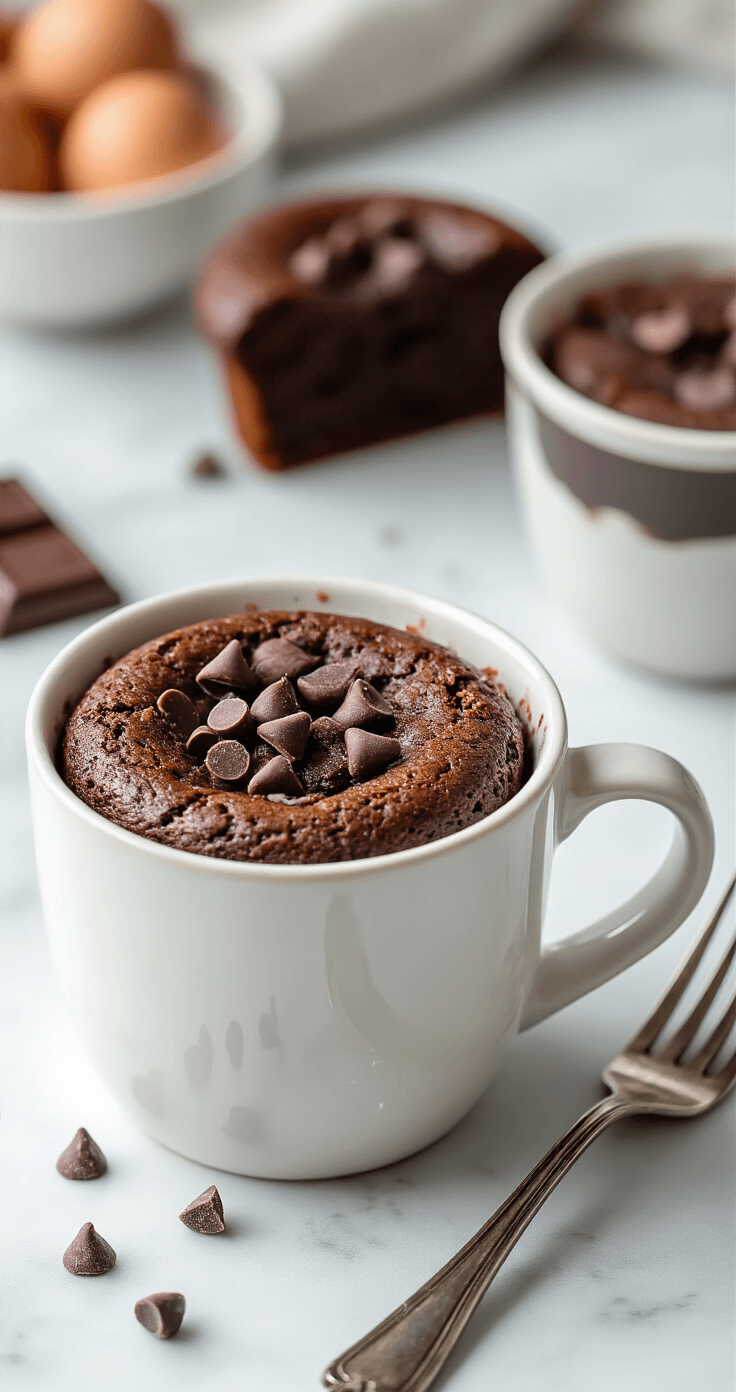 Keto Mug Cake met Amandelmeel: Jouw Snelle Suikervrije Traktatie in 90 Seconden Close-up van een witte keramische mok met amandelmeel beslag en suikervrije chocoladestukjes, omgeven door stoom. De mok staat op een marmeren aanrecht naast een vork, met royaal slagroom, frambozen en amandelen bovenop de cake. Dramatisch zijlicht creëert schaduwen en benadrukt de rijke textuur van de cake in een warme, gezellige sfeer.