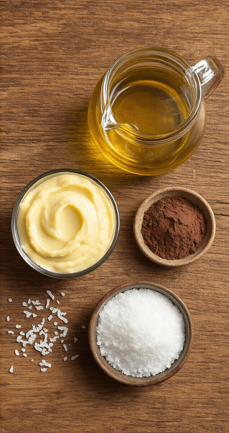 Pindakaas Fat Bombs: Keto Snack in 10 Minuten Rustiek houten werkblad met ingrediënten voor keto fat bombs: romige pindakaas, gesmolten kokosolie, cacaopoeder, zeezout en vanille-extract, verlicht door warm daglicht.