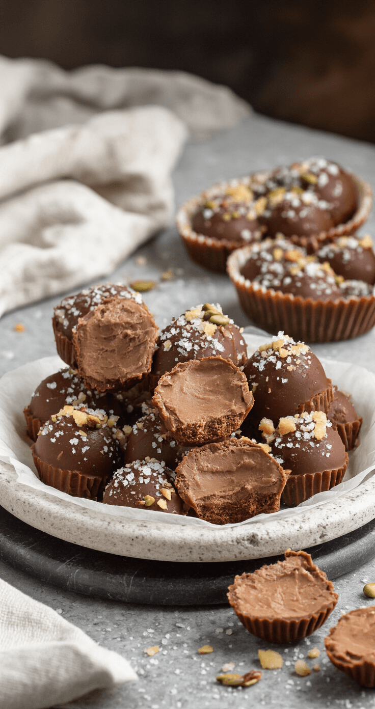 Pindakaas Fat Bombs: Keto Snack in 10 Minuten Twaalf perfect gevormde pindakaas fat bombs in een mini-muffinvorm, bestrooid met grof zeezout en pinda's, met één doormidden gesneden om de romige binnenkant te tonen; koelmarmeren achtergrond en een onscherpe koelkast.