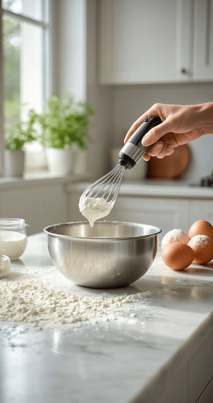 Kokosmakronen Suikervrij: Knapperig, Wolkachtig & Geen Gram Suiker Een moderne keuken met een wit aanrechtblad, waar een roestvrijstalen mengkom met opgeklopt eiwit staat. Een handmixer hangt boven het eiwit en ingrediënten zoals erythritol, kokosrasp en vanille-extract zijn mooi gepresenteerd in kleine kommetjes. Het licht benadrukt de luchtige textuur van het eiwit, met een warme, huiselijke sfeer.