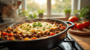 Aubergine Ovenschotel met Gehakt – Het Ultieme Recept voor een Romige, Hartige Maaltijd A cozy Dutch kitchen featuring a large pot filled with golden-brown eggplant cubes and tender minced beef in rich tomato sauce, topped with melted Gouda cheese and garnished with fresh parsley. Soft morning light filters through the window, casting warm amber tones, with rustic wooden cutting boards, herbs in ceramic bowls, a glass bottle of extra virgin olive oil, and fresh garlic and onion nearby.