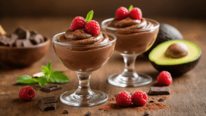 Avocado Chocolademousse: Rijke, Romige Chocolade zonder Zuivel (Klaar in 10 Minuten) Cinematic close-up of rich dark brown avocado chocolate mousse in elegant glasses, garnished with fresh raspberries and mint leaves, set on a warm wooden surface with a rustic kitchen backdrop.