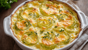 Bloemkoolgratin: Romig, Goudbruin en Belachelijk Lekker Bloemkoolgratin in een rustieke ovenschaal, goudbruin met krokante kaaskorst, cremige saus, en verse bloemkoolroosjes, verlicht door warme keukenverlichting en garnering van peterselie.