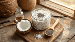 Chia Pudding met Kokosmelk – Gemakkelijk, Romig en Super Gezond Cinematische bovenaanzicht van rustiek houten werkblad met volle kokosmelk, zwarte chiazaadjes in houten lepel, vanille-extract, agavesiroop en zeezout. Zachte ochtendlicht creëert warme accenten op ingrediënten, omringd door frambozen en blauwe bessen in glazen weckpotten.