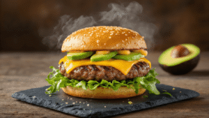 Hamburger zonder Broodje met Avocado en Kaas: Koolhydraatarm en Geweldig Lekker Cinematisch bovenaanzicht van een sappige runderburger met gesmolten cheddar kaas, avocadoplakjes, verse romaine sla, en perfect gegrilde tomaten, uiringen en augurken, op een donkere leisteen plank met zachte natuurlijke verlichting.