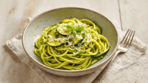 Courgettespaghetti met Pesto en Parmezaan – Klaar in 20 Minuten Warme spaghetti met gekarameliseerde courgette, smaragdgroene pesto, en geraspte Parmigiano Reggiano in een rustieke keramische kom, versierd met basilicum en pijnboompitten, tegen een marmeren aanrecht met verse ingrediënten.