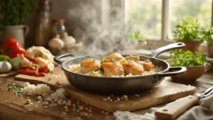 Bloemkoolrijst met Kip in Romige Saus: Koolhydraatarm Comfort Food in 25 Minuten Warme keuken met dampende gietijzeren pan met goudbruine kipstukken in romige saus, kleurrijke paprikablokjes en bloemkoolrijst, rustiek marmeren aanrecht, natuurlijke verlichting en verse peterselie.