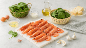 Garnalen in Roomsaus met Spinazie Voorbereiding van verse roze garnalen en spinazie op een marmeren aanrecht in warm ochtendlicht, met ingrediënten zoals knoflook, sjalotten, Parmezaanse kaas en room, gefotografeerd in een cinematografische compositie met zachte schaduwen.