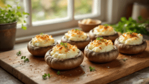 Gevulde Champignons met Roomkaas en Spek - Keto & Koolhydraatarm Gevulde kastanjechampignons met roomkaas en spek op een rustieke houten snijplank, verlicht door warm ochtendlicht, met verse kruiden en een keramische ovenschaal op de achtergrond.
