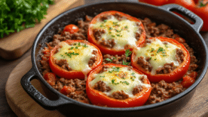 Gevulde Paprika Zonder Rijst – Het Ultieme Laagkoolhydraat Recept Close-up van goudbruine gevulde paprikahelften in een rustieke ovenschaal, met gesmolten kaas en sappig rundergehakt, versierd met peterselie, en omringd door knoflook en uienringen op een houten snijplank.