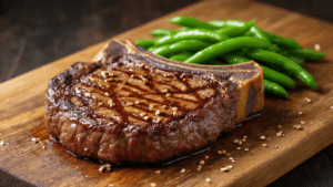 Biefstuk met Knoflookboter en Sperziebonen: Het Ultieme Recept Close-up of a perfectly grilled T-bone steak with a golden-brown crust on a rustic dark wooden board, drizzled with melted black garlic butter, accompanied by bright green blanched green beans sprinkled with sesame seeds, featuring dramatic chiaroscuro lighting, warm amber tones contrasting deep shadows, glistening sea salt crystals, a steaming cast iron pan in the background, a vintage kitchen towel, and a sprig of rosemary as garnish, showcasing visible meat fibers in a professional food photography style.