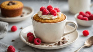 Keto Mug Cake met Amandelmeel: Jouw Snelle Suikervrije Traktatie in 90 Seconden Dampende keto mug cake van amandelmeel met gesmolten suikervrije chocoladestukjes, getopt met slagroom en frambozen, in een witte keramische mok op een marmeren aanrecht, met ingrediënten op de achtergrond en dramat lichtspel.