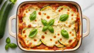 Keto Lasagne met Courgette - Romig, Kazig en Minder dan 8g Koolhydraten Cinematische bovenaanzicht van keto courgette lasagne met gesmolten mozzarella en ricotta, versierd met basilicum, op een wit marmeren aanrecht met hele courgettes en Italiaanse kruiden.
