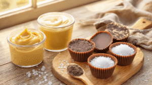 Pindakaas Fat Bombs: Keto Snack in 10 Minuten Rustiek houten werkblad met ingrediënten voor keto pindakaas fat bombs, waaronder romige pindakaas, gesmolten kokosolie, cacaopoeder, zeezoutvlokken, vanille-extract en een mini-muffinvorm met perfect gevormde fat bombs, alles verlicht door warm gouden zonlicht.