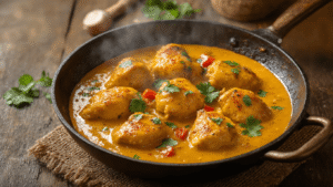 Kip Kerrie Met Kokosmelk (Zonder Rijst) - De Ultieme Gids Cinematisch close-up van dampende kip kerrie in een donkere gietijzeren pan met goudbruine kipblokjes in romige kokosmelk saus, garnished met verse koriander, uien en paprika, omringd door een warme gloed van kurkuma en kruiden, met een rustieke houten lepel en natuurlijke verlichting.