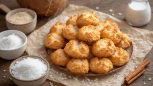 Kokosmakronen Suikervrij: Knapperig, Wolkachtig & Geen Gram Suiker Warme keuken met goudbruine kokosmakronen op bakpapier, omringd door ingrediënten zoals opgeklopt eiwit, kokosrasp en erythritol, met chocolade-gedipte varianten op de voorgrond.