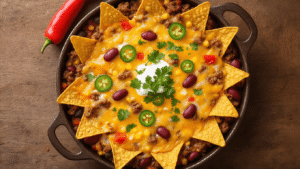 Mexicaanse Schotel met Gehakt en Kaas: Het Ultieme Comfortfood in 40 Minuten Cinematische overhead shot van een dampende ovenschotel met gesmolten kaas, tortilla chips, rundergehakt, paprika, kidneybonen en maïs, gegarneerd met koriander, jalapeño's en crème fraîche, op een rustieke houten achtergrond.