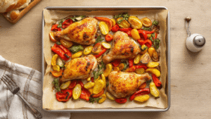 Kip uit de oven met groenten: Eenvoudig en Sappig (Klaar in 1 uur) Goudbruine kippenbouten met krokant vel op een bakplaat, omringd door kleurrijke geroosterde groenten zoals krieltjes, paprika, wortels, uien en cherrytomaatjes, in een warme, rustieke keuken met zachte middagzon.