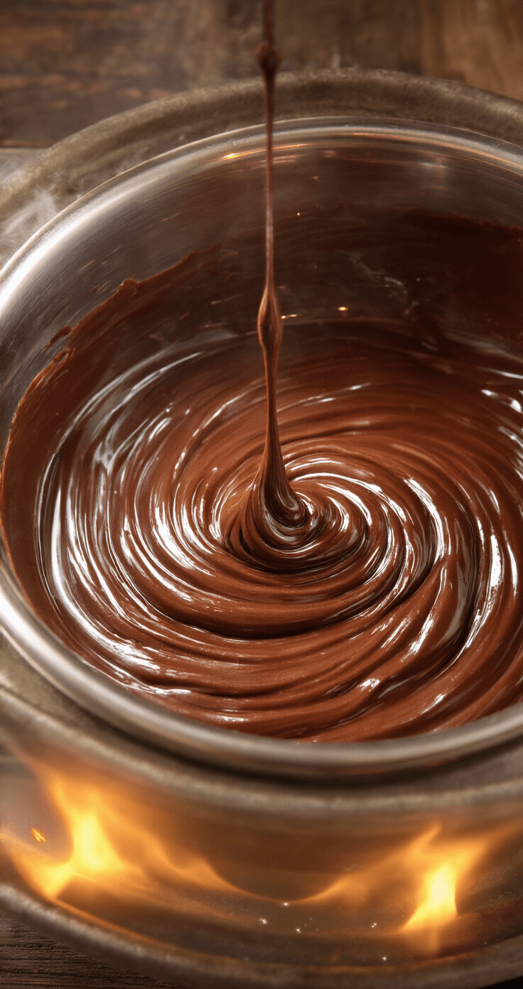 Pure Chocolademousse (85–90% Cacao) Een close-up van pure chocolade die smelt in een glazen kom boven een pan met water, omgeven door stoom. Warme verlichting accentueert de chocolademassa terwijl een spatel roert. Op de werkblad liggen messen en chocoladeschilfers.