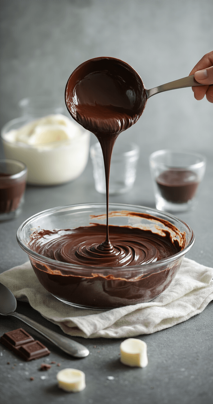 Pure Chocolademousse (85–90% Cacao) Een kok vouwt luchtige slagroom door donkere chocolade in een grote keramische mengkom, terwijl kleine glaasjes met mousse en decoratieve ingrediënten op de achtergrond staan.