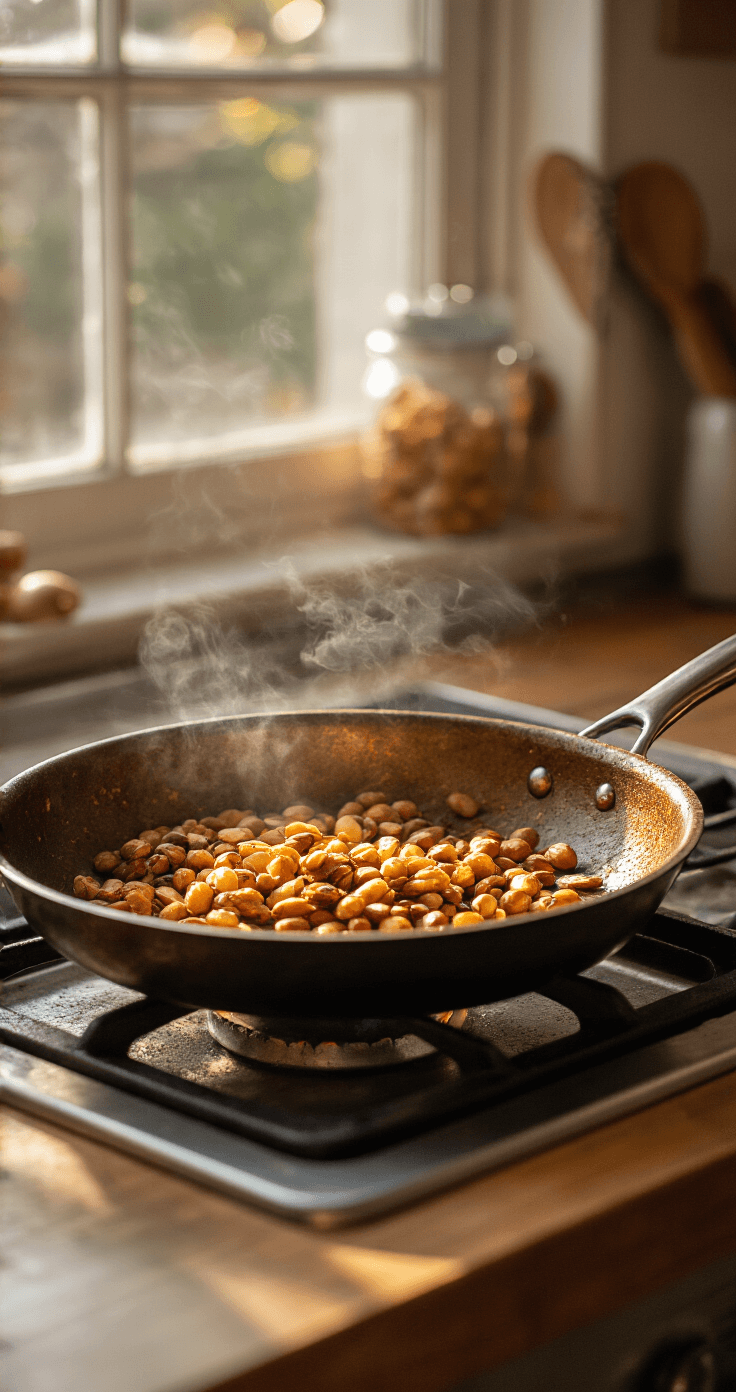 Griekse Yoghurt met Noten: Makkelijk Recept met Honing en Kaneel Close-up van een antiaanbakkoekenpan op middelhoog vuur, gevuld met goudbruin geroosterde walnoten, pistachenoten en amandelen, verlicht door warme keukenlichten.