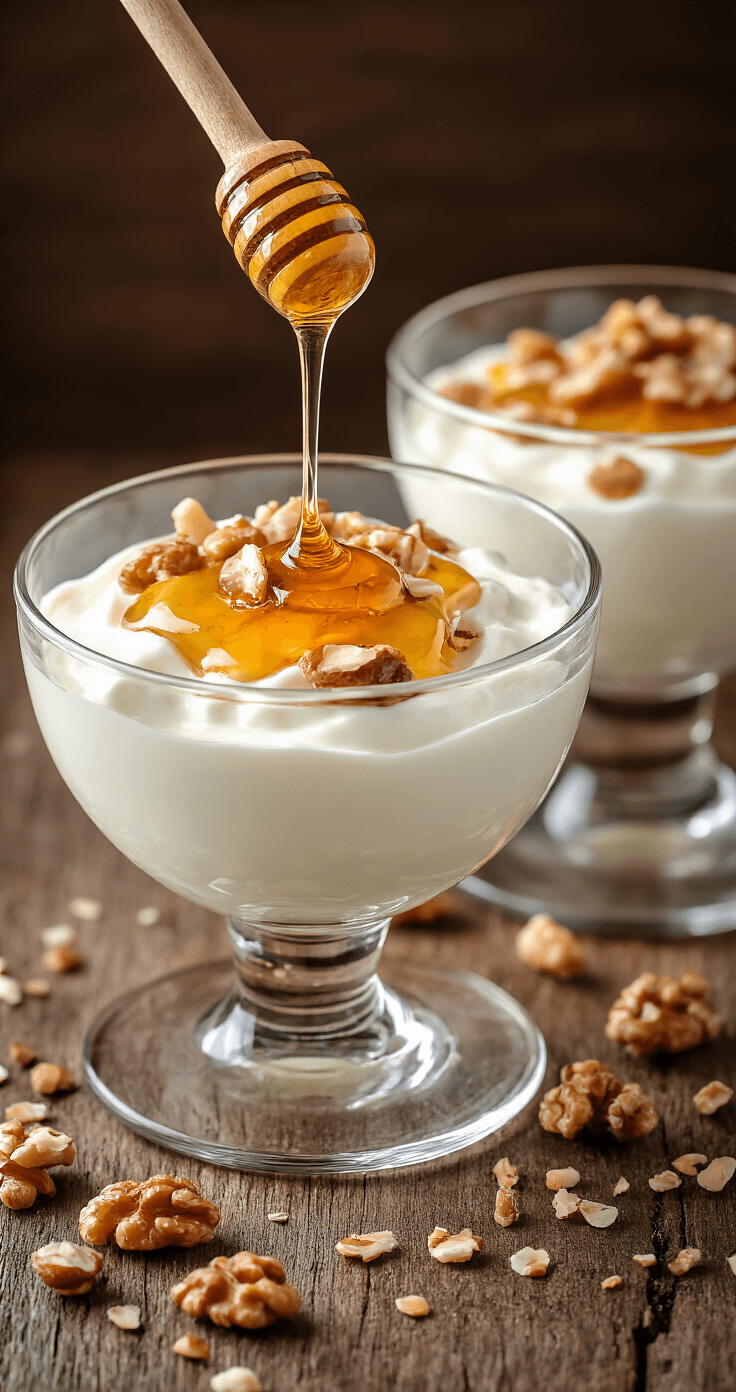 Griekse Yoghurt met Noten: Makkelijk Recept met Honing en Kaneel Elegante bovenaanzicht van twee dessertcoupes met Griekse yoghurt, honing, noten, munt en blauwe bessen op een marmeren ondergrond.