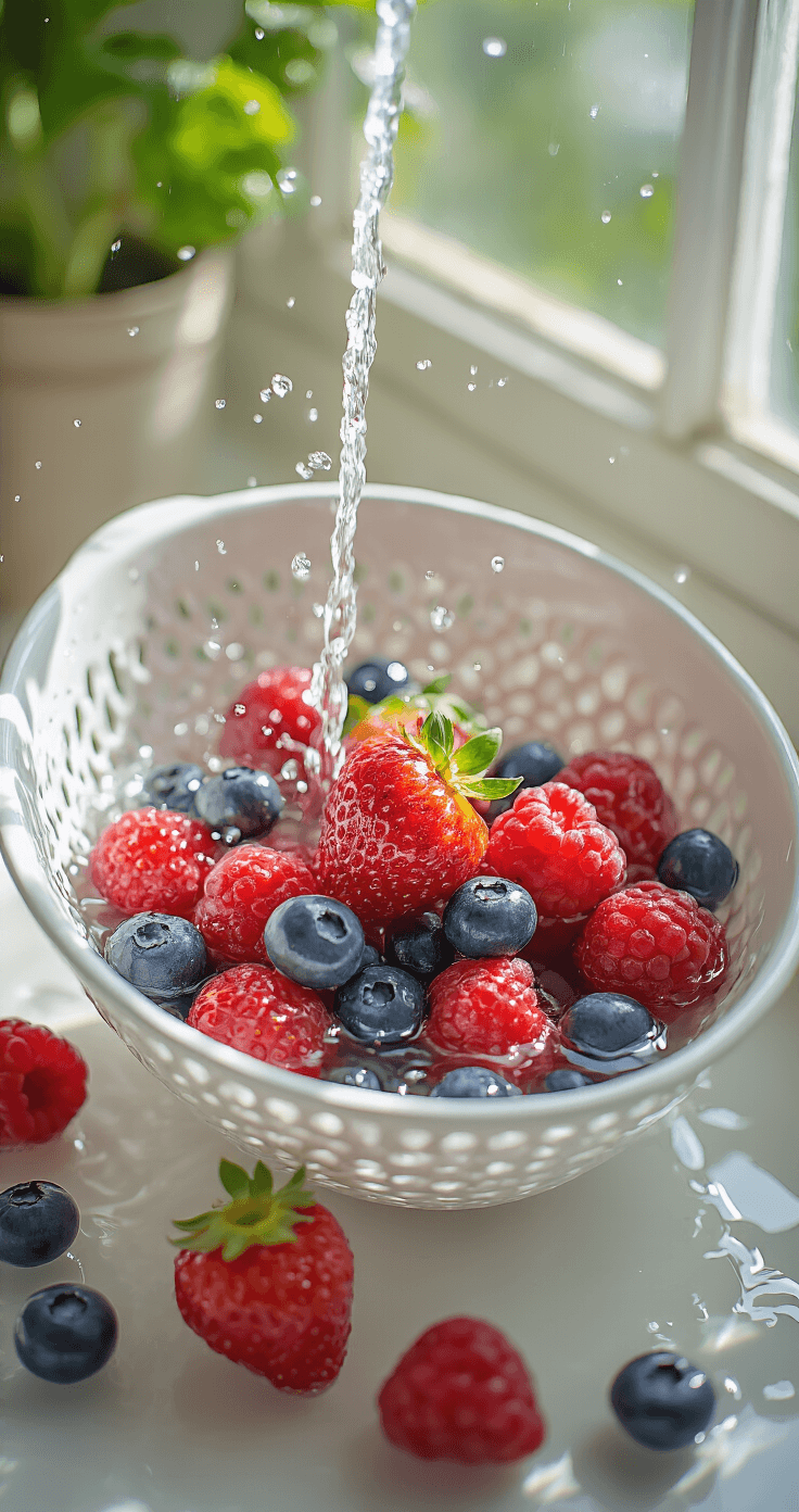 Kwark met Rood Fruit (Kleine Portie) – Snelle Eiwitrijke Snack in 5 Minuten Close-up van verse aardbeien, frambozen en blauwe bessen die gewassen worden onder helder water in een witte vergiet, met waterdruppels die van de vruchten spatten, verlicht door zacht daglicht in een moderne, minimalistische Nederlandse keuken.