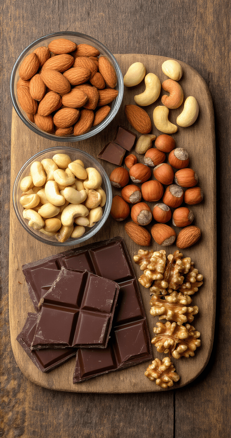 Notenmix met Pure Chocolade – Simpel, Snel & Onweerstaanbaar Lekker Een bovenaanzicht van een rustiek houten werkblad met zorgvuldig afgewogen ingrediënten: een glazen kom met gemengde ongezouten noten, gebroken pure chocolade op een snijplank en bakpapier op een bakplaat, verlicht door warm daglicht.