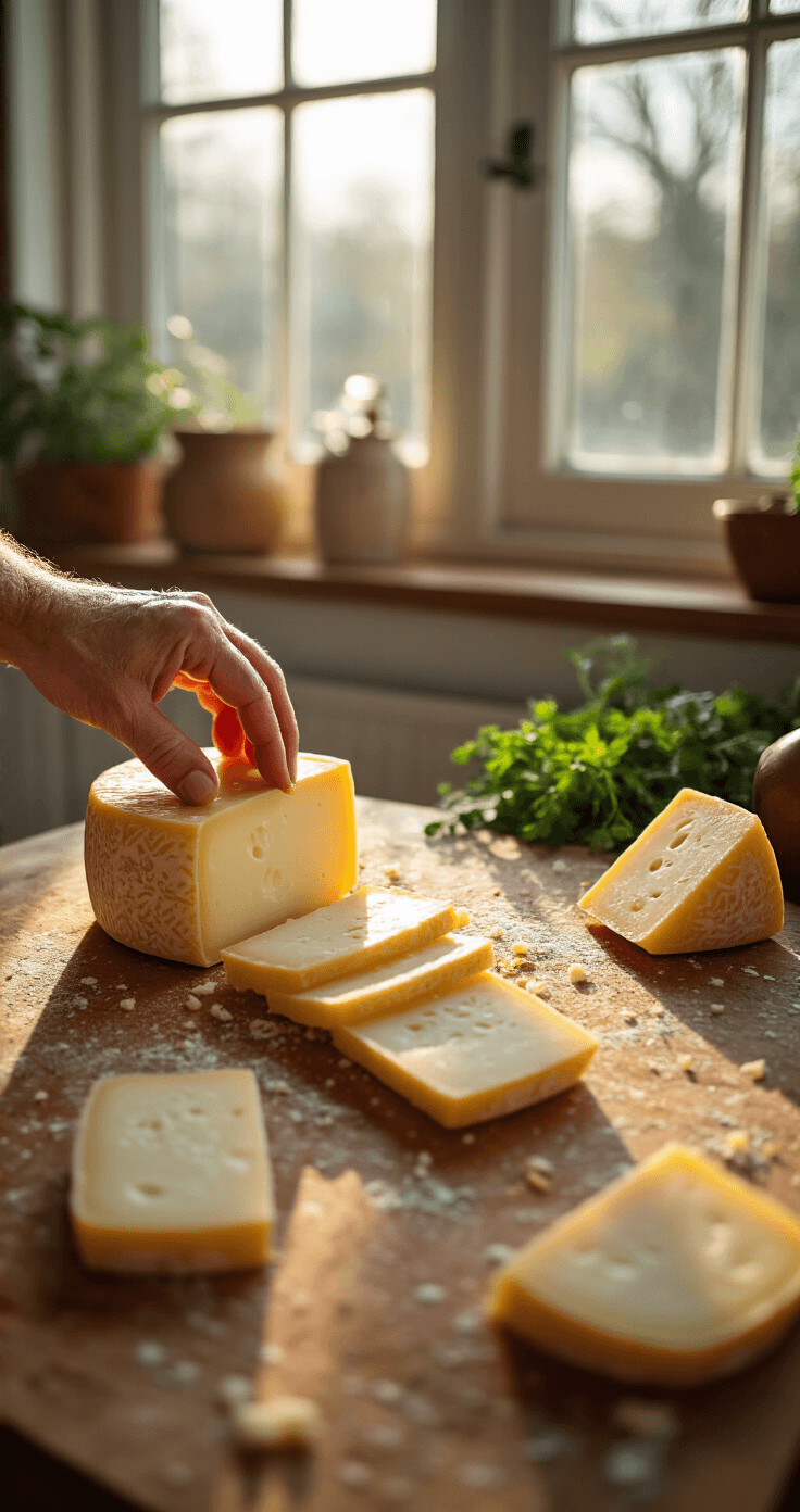 Blokjes Kaas met Olijven: Het Ultieme Borrelhapje in 15 Minuten Een ervaren hand snijdt met een glanzend koksmes een blok rijpe Goudse kaas op een houten snijplank, omringd door warme natuurlicht en gezellige keukenaccessoires.