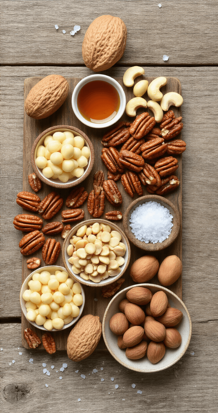 Geroosterde Pecannoten en Macadamianoten: Het Perfecte Knapperige Snackrecept Stijlvolle bovenaanzicht van een rustieke houten keukentafel met ingrediënten voor geroosterde pecannoten en macadamianoten, inclusief noten, ahornsiroop, zeezout, kaneel, olie en een glazen mengkom, alles mooi georganiseerd in natuurlijk daglicht.