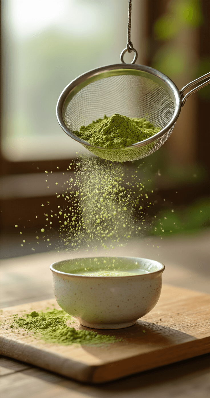 Matcha Kokos Pudding: Het Romige Dessert Dat Je Steeds Weer Wil Maken Extreme close-up van een witte kom met matchapoeder en opgeschuimde melk, verlicht door zacht daglicht, met groene wolkjes en stoom in een rustige, ambachtelijke setting.