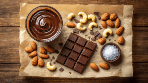 Notenmix met Pure Chocolade – Simpel, Snel & Onweerstaanbaar Lekker Bovenaanzicht van een rustieke keuken met gesmolten pure chocolade, verspreide noten en gebroken chocoladestukjes, sfeervol verlicht door gouden uurlicht.