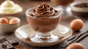 Pure Chocolademousse (85–90% Cacao) Cineastische close-up van pure chocolademousse met 85% cacao in elegante glazen ramekins, omringd door gehakte donkere chocolade, verse eidooiers, slagroom, en vanillestokjes, op een donkere leisteen ondergrond met vintage Franse patisserie sfeer.
