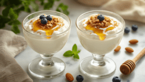 Griekse Yoghurt met Noten: Makkelijk Recept met Honing en Kaneel Elegante dessertcoupes met romige Griekse yoghurt, glanzende honing, geroosterde noten, kaneel, munt en blauwe bessen op marmeren ondergrond, sfeervol verlicht.