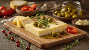 Blokjes Kaas met Olijven: Het Ultieme Borrelhapje in 15 Minuten Close-up of a warm wooden serving board featuring shiny cheese cubes, green olives in golden olive oil marinade, fresh herbs, and red bell pepper, presented with cocktail sticks; soft natural light from the side enhances the rich textures and inviting ambiance of a rustic kitchen.