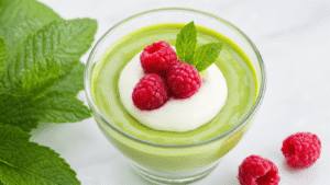 Matcha Kokos Pudding: Het Romige Dessert Dat Je Steeds Weer Wil Maken Close-up van een elegante matcha kokos pudding in een helder glazen schaaltje op een witte marmeren ondergrond, met luchtige kokosroom, verse frambozen en muntblaadjes als garnering, besprenkeld met matchapoeder, met een bamboe theelepel en geroosterde kokossnippers op de achtergrond.