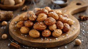 Geroosterde Pecannoten en Macadamianoten: Het Perfecte Knapperige Snackrecept Cinematisch bovenaanzicht van geroosterde pecannoten en macadamianoten met ahornsiroop, zeezout en kaneel op een rustieke houten tafel, met damp en warme natuurlijk lichtinval.