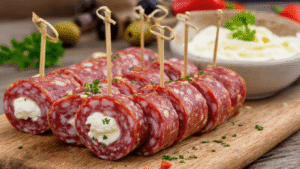 Salami Rolletjes met Roomkaas: Het Perfecte Koolhydraatarme Borrelhapje Cinematische close-up van een rustieke houten borrelplank met salami rolletjes gevuld met roomkaas, gegarneerd met bieslook en paprikapoeder, vergezeld van cocktailprikkers met olijven, onder warm gouden ochtendlicht.