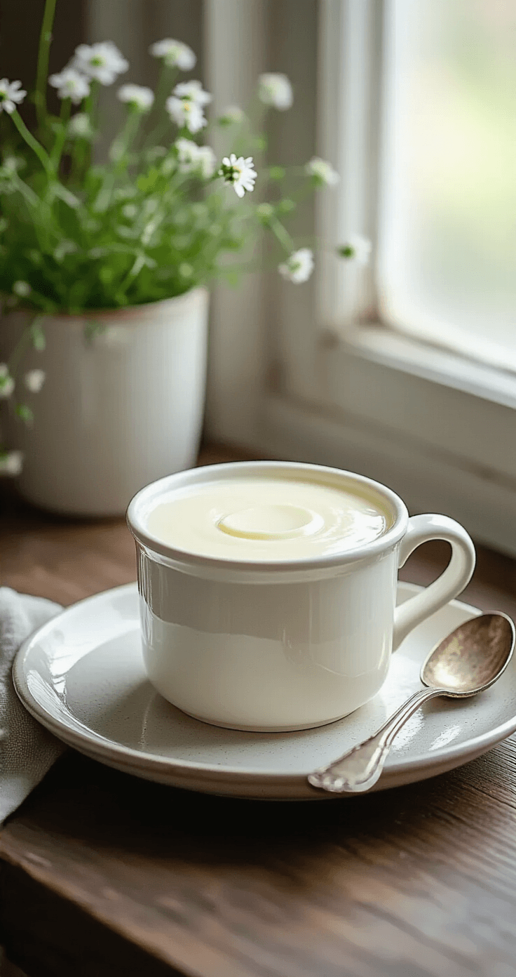 Keto Panna Cotta met Vanille en Room: Het Perfecte Suikervrije Dessert Een close-up van een keramisch kommetje met opzwelende gelatine in helder water, omgeven door een rustige keukenachtergrond met een matte pan, een garde en een maatbeker, allemaal verlicht door zacht, natuurlijk licht.