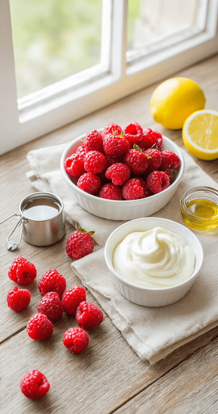 Aardbei-room dessert met mascarpone: het romigste dessert van de zomer Flatlay van verse aardbeien met dauwdruppels, mascarpone in een wit schaaltje, slagroom in een metalen kom, vanille-extract, een citroen en suiker, met houten keukengereedschap op een rustieke tafel in natuurlijk licht.