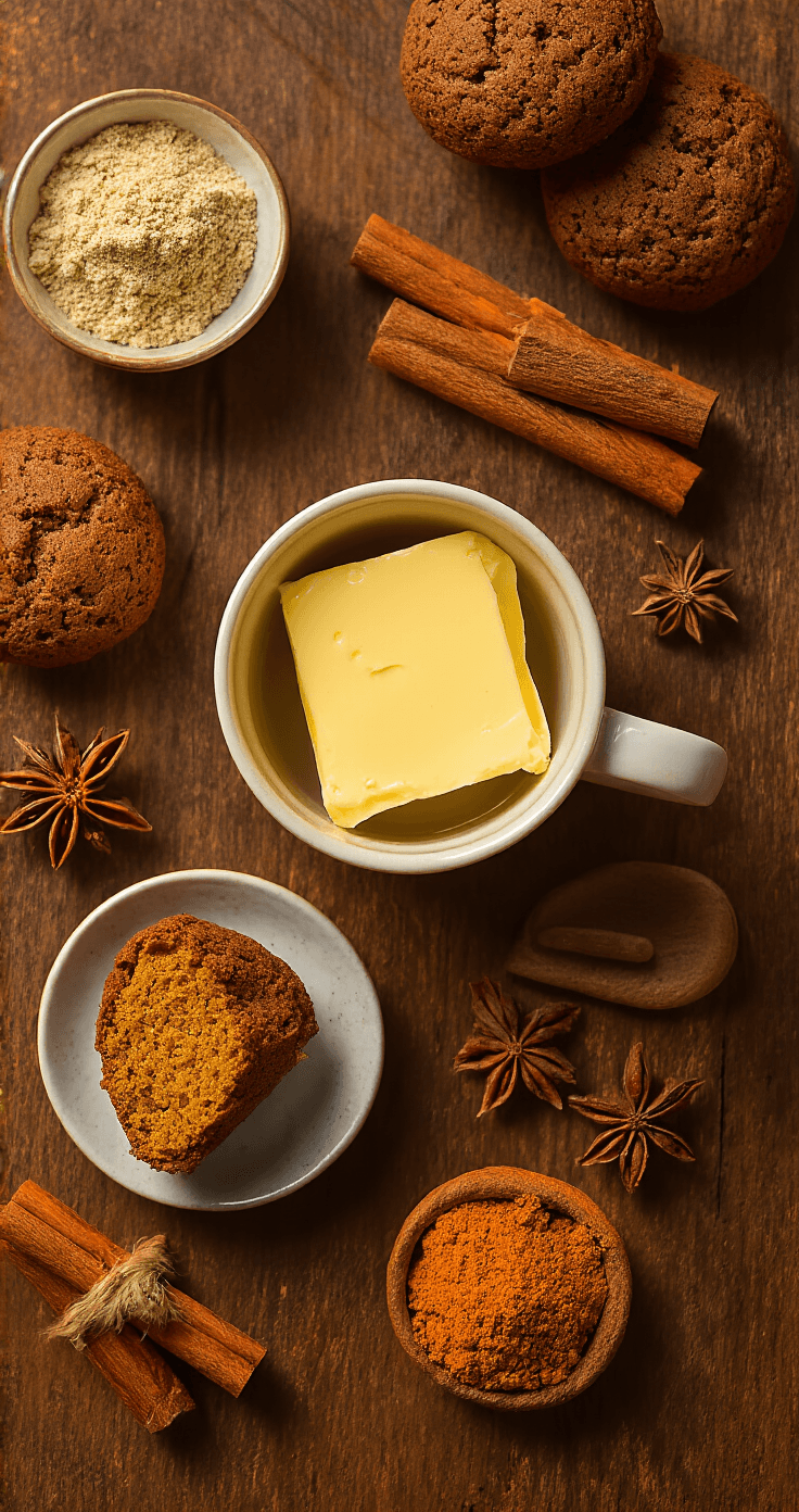 Keto Speculaas Mug Cake: De Snelste Koolhydraatarme Traktatie van het Jaar Close-up van een rustieke houten keukentafel met ingrediënten voor een keto speculaas mug cake, waaronder amandelmeel, smeltende roomboter, speculaaskruiden, een ei en Griekse yoghurt, verlicht door warm avondlicht.