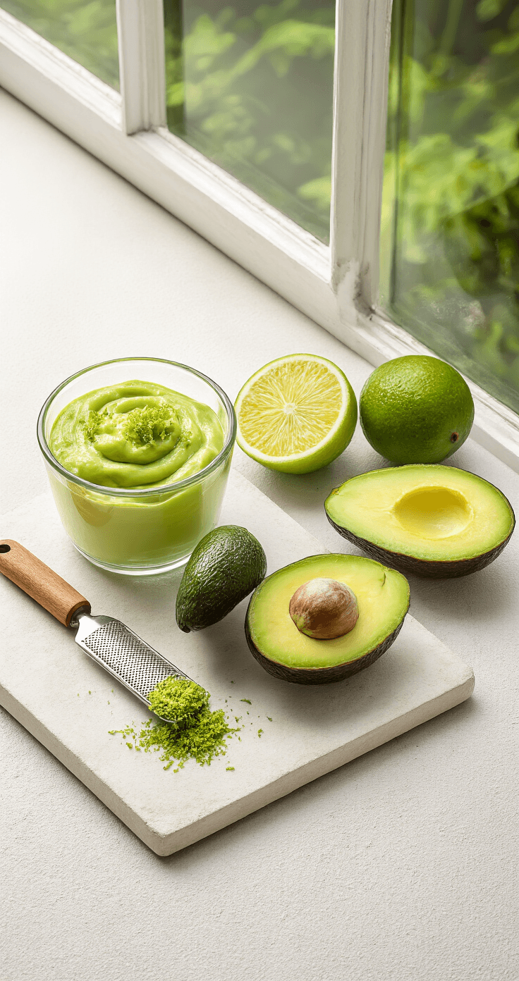 Limoen-avocado mousse: Het Makkelijkste No-Bake Dessert dat Je Ooit Maakt Bovenaanzicht van een stijlvol keukentafel met ripe avocado's, biologische limoenen, een microplane rasp, een maatbeker met limoensap, gecondenseerde melk, zeezout en verse munt, afgewerkt met gehakte pistachenoten in keramieken kommetjes.